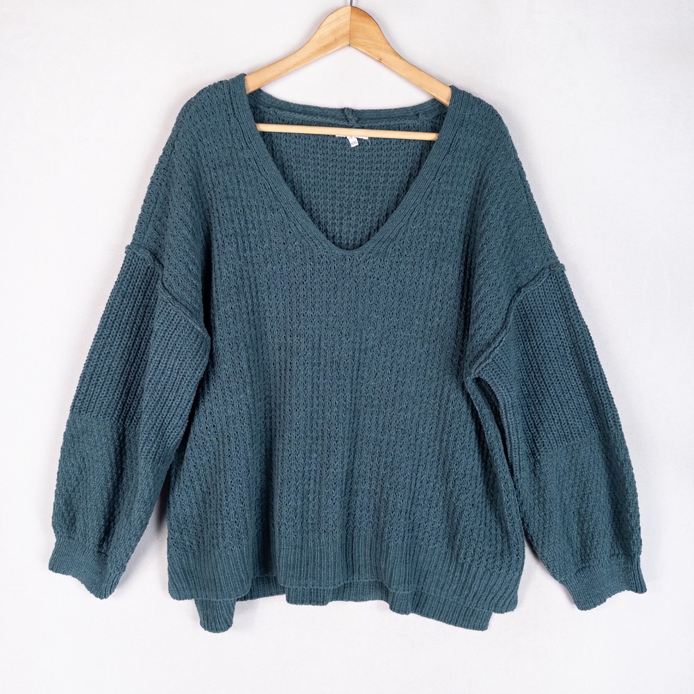 Maurices Womens Sweater XXL Teal Chunky Knit Balloon Sleeve V Neck Relaxed Cozy
